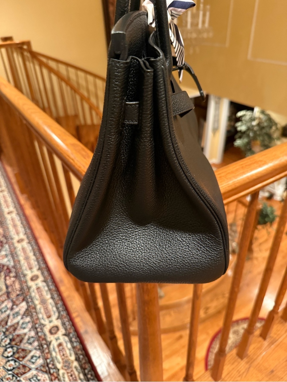 Elegant Black Structured Satchel with Scarf Accent  Togo leather - Picture 6 of 7